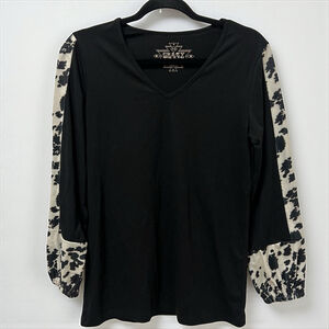 Crazy Train Black Cow Print Sleeve V-Neck Long Sleeve Top XS